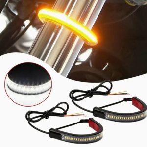 Motorcycle Front Shock Absorber LED White + Yellow Indicators Fork Adjustable Strip Lights