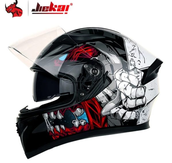 JIEKAI JK-316 JAW Shine Red White Black Full Face Dual Visor Helmet DOT CERTIFIED