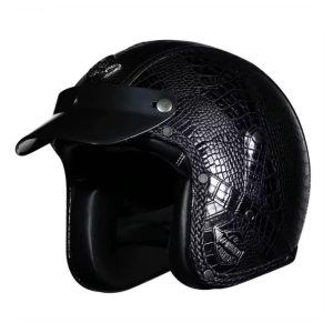 JYT Chopper Vintage Style PU Leather Open Face Motorcycle Helmet Men Women Retro Electric Motor bike Rider Scooter Riding Black