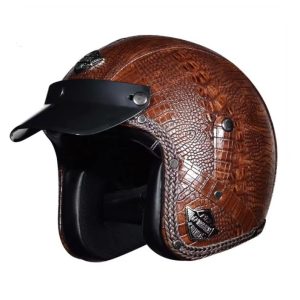 JYT Chopper Vintage Style PU Leather Open Face Motorcycle Helmet Men Women Retro Electric Motor bike Rider Scooter Riding Dark Brown