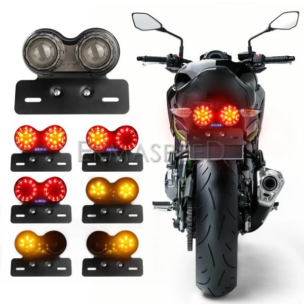 Motorcycle Dual Back Tail Light Running Lamp Brake Stop and Start Signal Light with License Plate Bracket for Motorcycle Street Bike