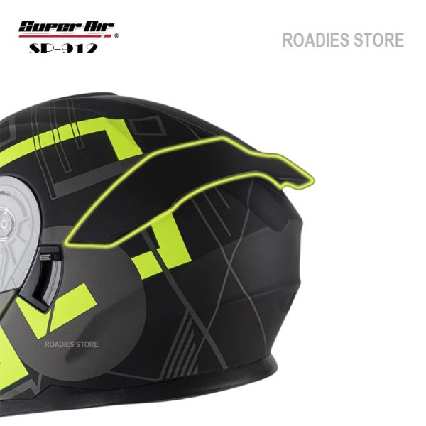 Super Air Helmet Matt Black with Green Line SP-912 Uplift Dual Visor DOT Approved SP 912 Removeable Padding With Spoiler SP912