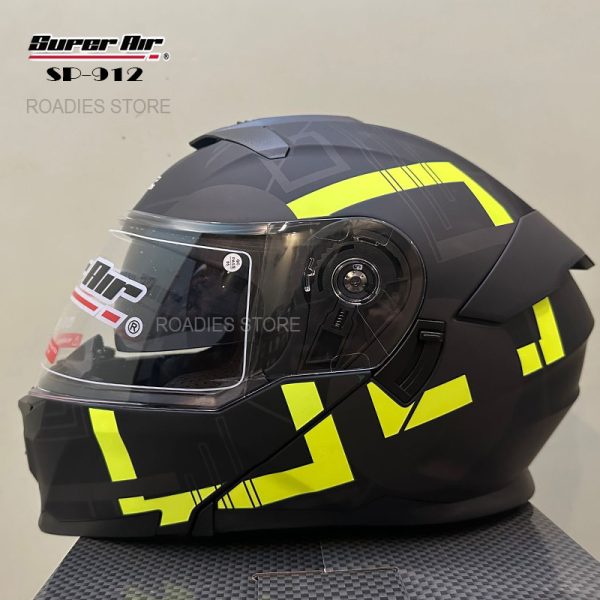 Super Air Helmet Matt Black with Green Line SP-912 Uplift Dual Visor DOT Approved SP 912 Removeable Padding With Spoiler SP912