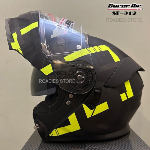 Super Air Helmet Matt Black with Green Line SP-912 Uplift Dual Visor DOT Approved SP 912 Removeable Padding With Spoiler SP912