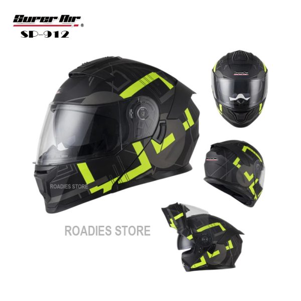 Super Air Helmet Matt Black with Green Line SP-912 Uplift Dual Visor DOT Approved SP 912 Removeable Padding With Spoiler SP912