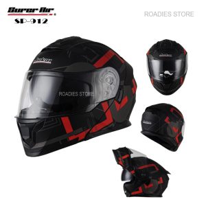 Super Air Helmet SP-912 Matt Black with Green Line Uplift Dual Visor DOT Approved SP 912 Removeable Padding With Spoiler SP912